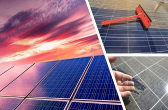 comparative view of dirty and clean solar panels and view of solar panel cleaning brush