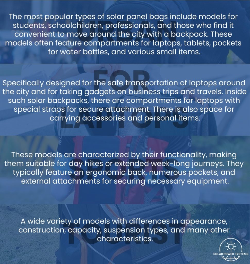 Solar panel backpacks by purpose