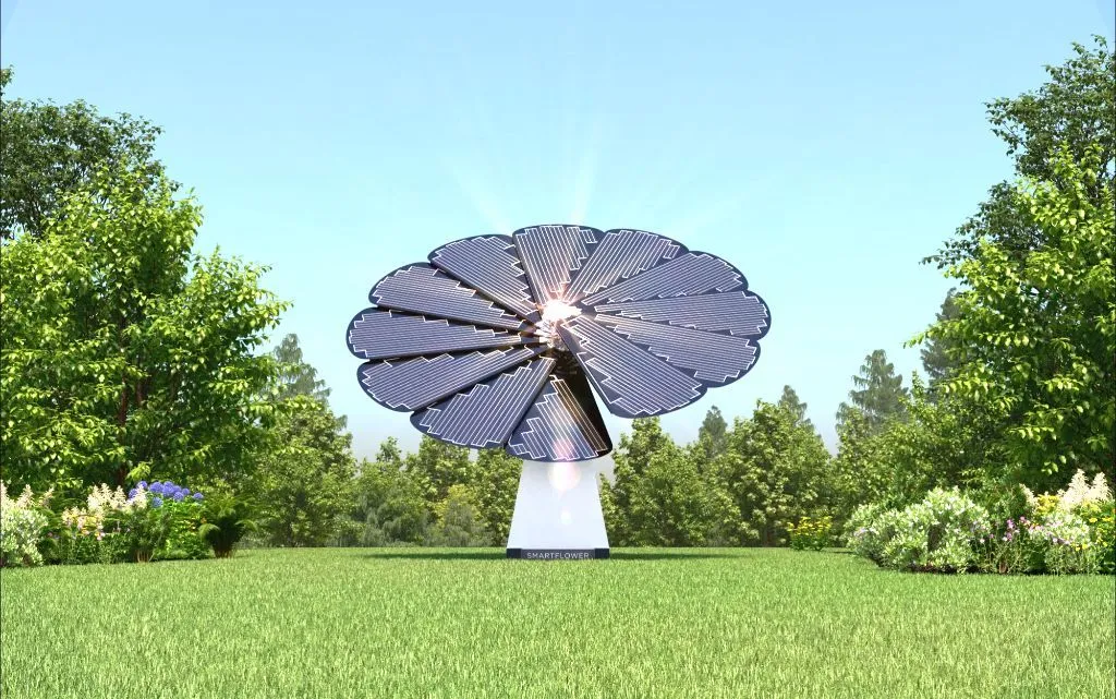 Smartflower solar panel against the backdrop of a green forest
