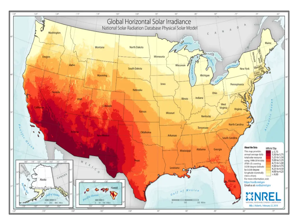map provides annual average daily total solar resource using 1998-2016 data