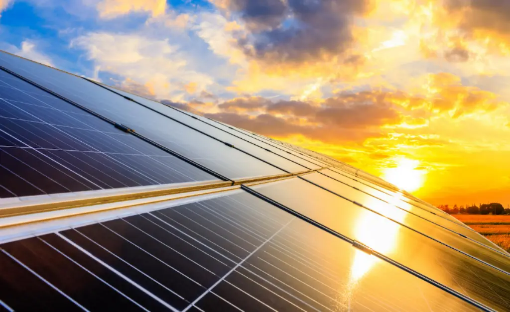 Solar panels at sunset.