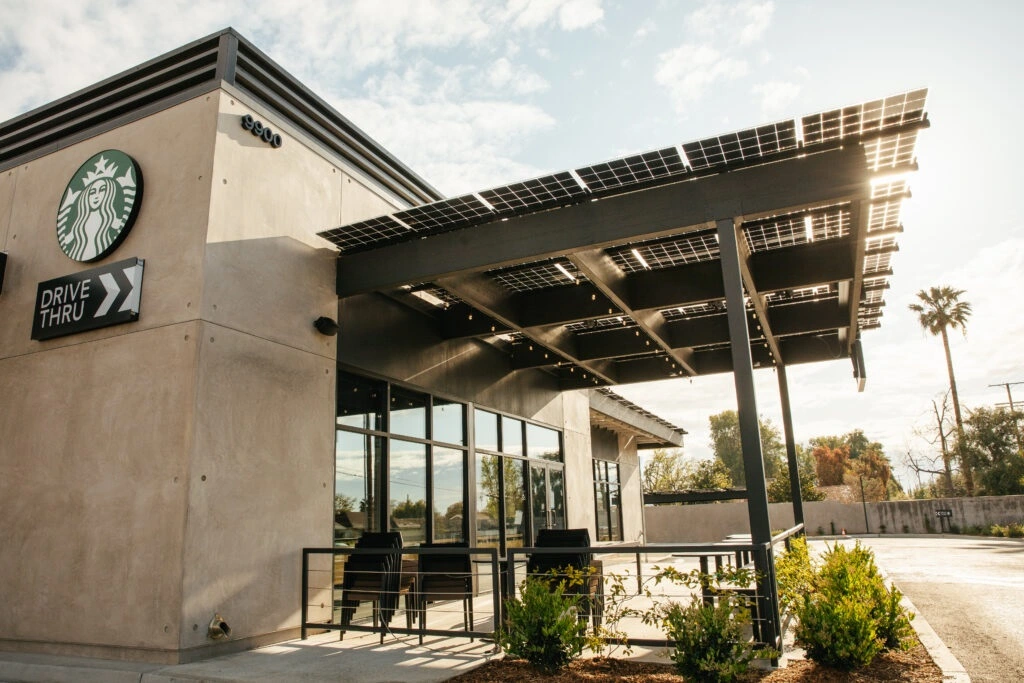 solar panels on the new Starbucks store in the Northridge neighborhood of Los Angeles, California.