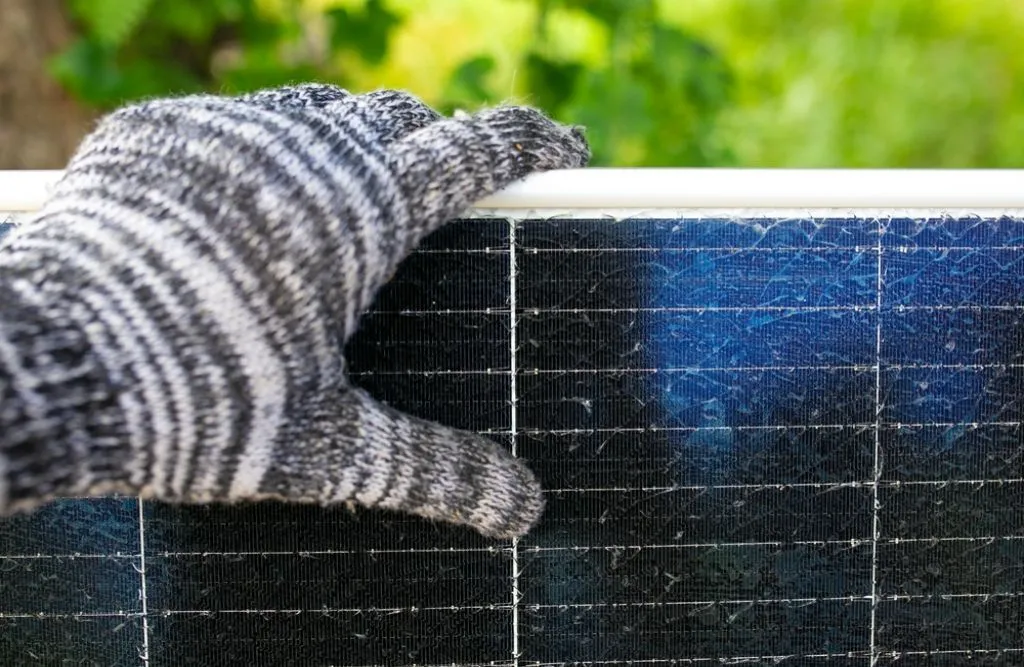 A worker's hand holding a damaged solar panel with microcracks