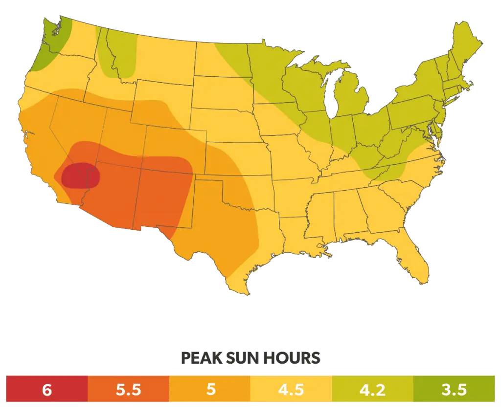 A map of peak sun hours in the United States