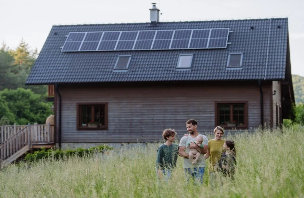 Happy family near their house with solar panels