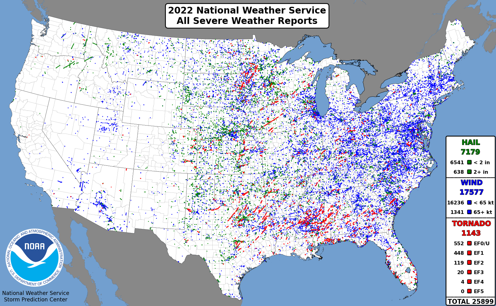 A map of all tornado (red), hail (green), and thunderstorm wind gust (blue) reports from NWS offices in 2022.