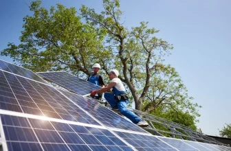 A couple of technicians installing solar panels on the house roof.