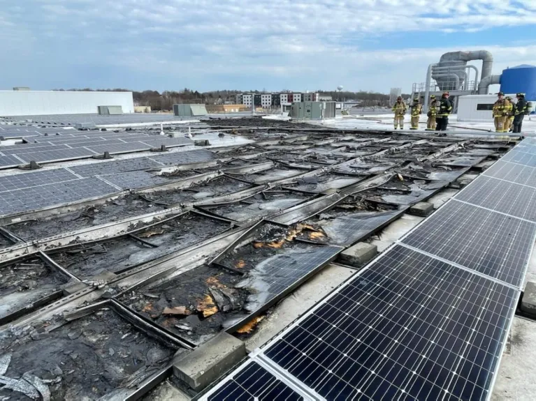 The roof of the Newburyport printing company Bradford and Bigelow, where a solar panel fire caused an estimated $2 to $4 million in damage in February 2022