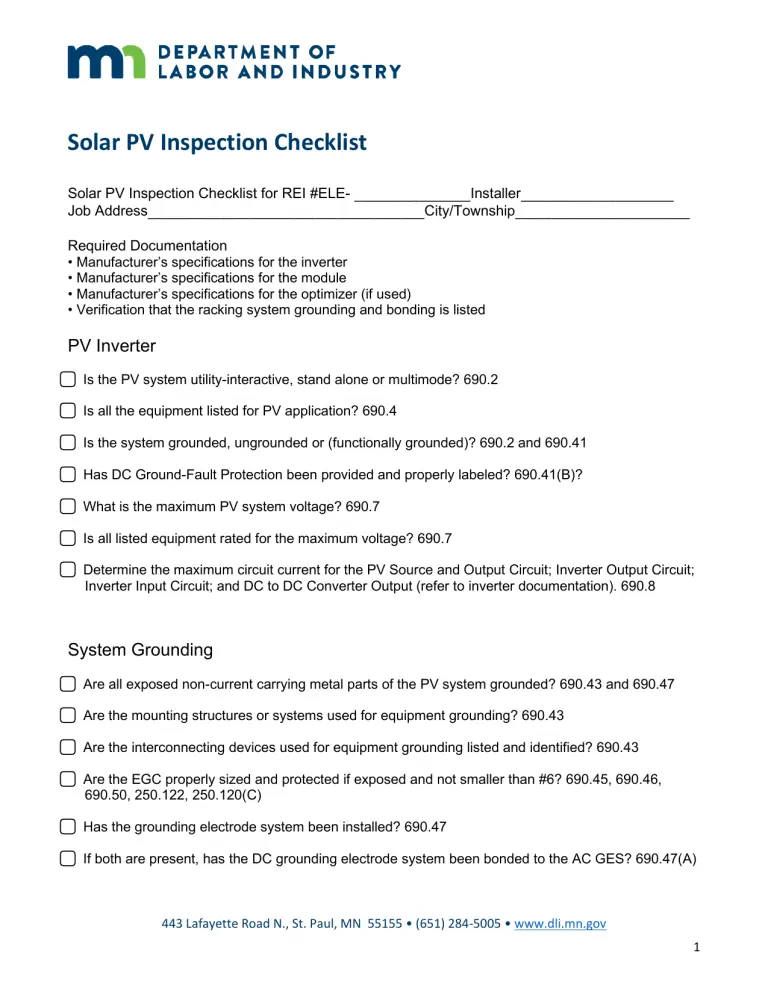 Solar PV inspection checklist