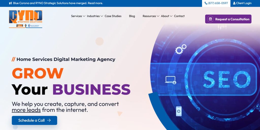 Blue Corona landing page that exposes the platform's benefits and offers you to "Schedule a call"