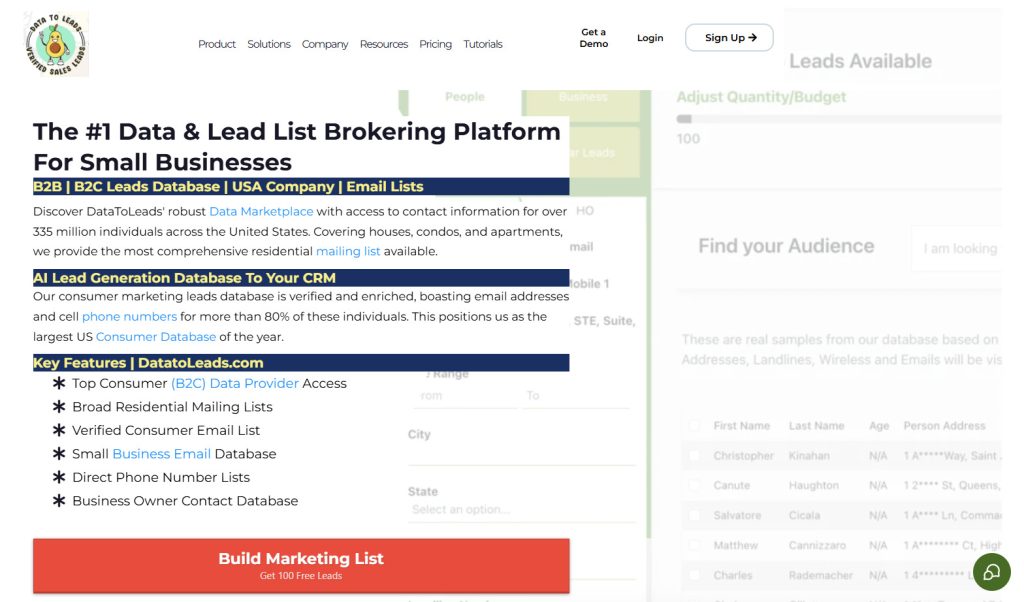 DataToLeads main page, which offers you to build a marketing list