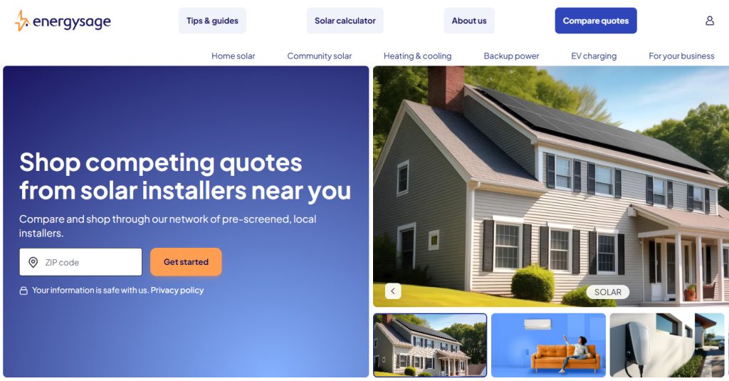 Energysage main page that encourages leads to provide their ZIP code and search for local installers