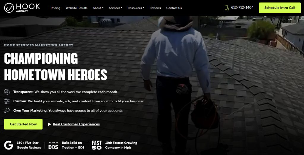 Hook Agency landing page that presents the platform's services, alongside offering you to get started now