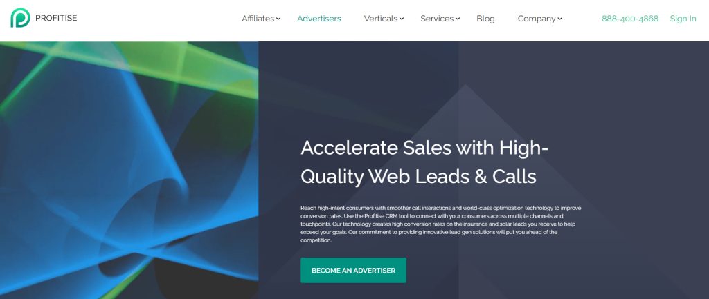 Profitise landing page that presents the features of the platform and encourages readers to become an advertiser