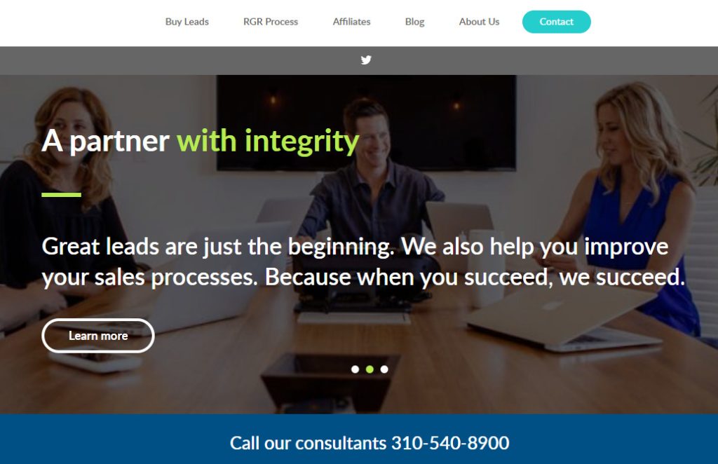 RGR Marketing landing page, where the platform positions itself as "A partner with integrity" and offers to learn more about it