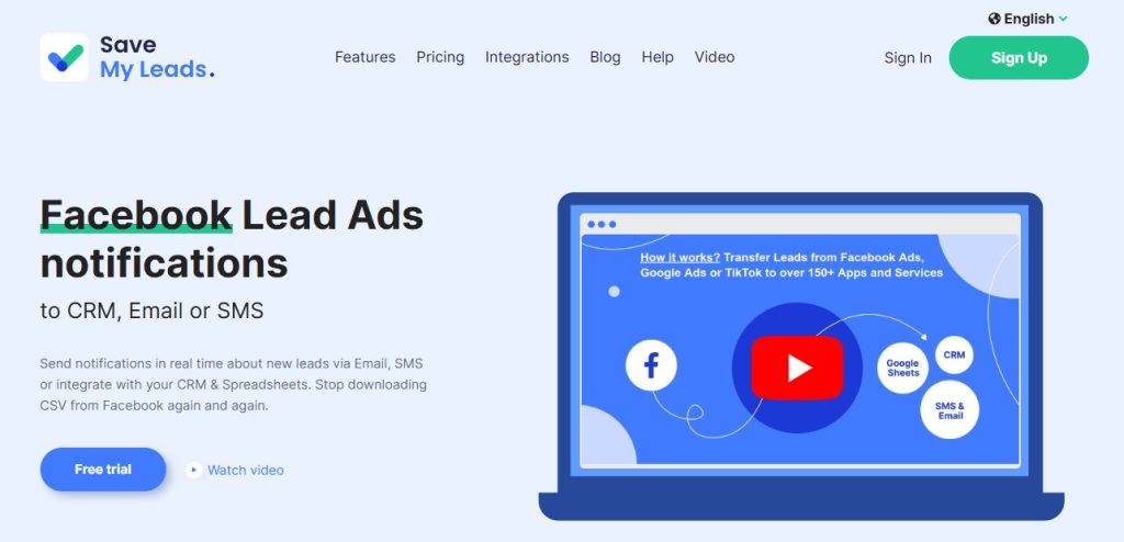SaveMyLeads landing page with the main information about a service and an option to start a free trial