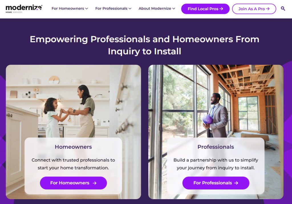 Modernize landing page that appeals to homeowners who look for installations and professionals who provide them
