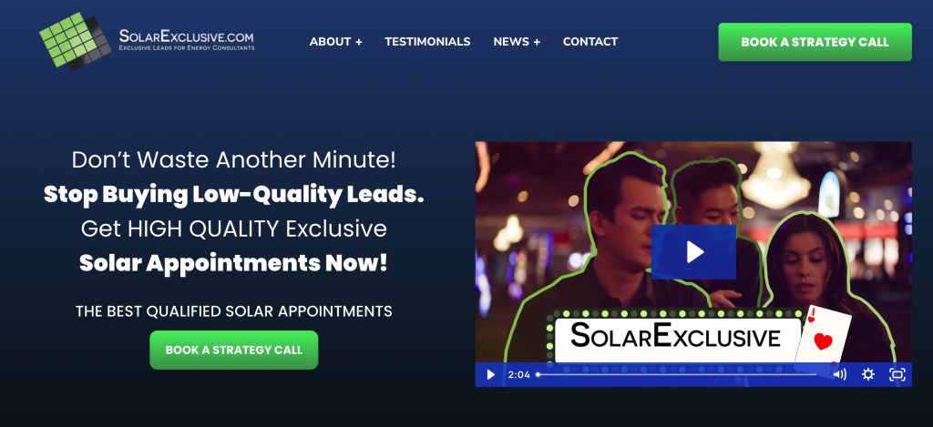 SolarExclussive landing page with a call to "Book a Strategy Call" and generate solar leads