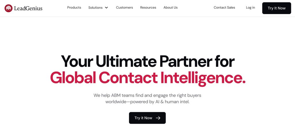 LeadGenius landing page where you explore the platform's partners and can "Try It Now"